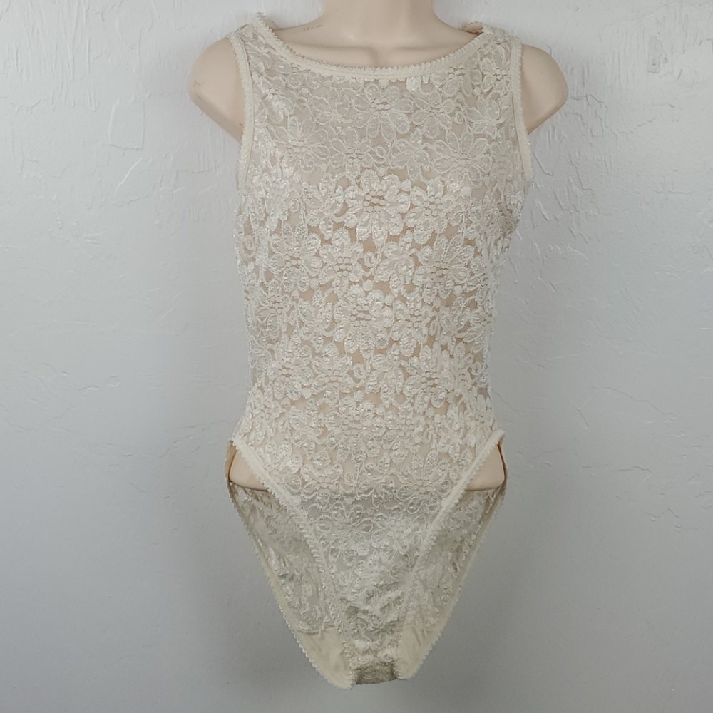 Vintage Gaviota cream stretch lace bodysuit lace nylon women size M